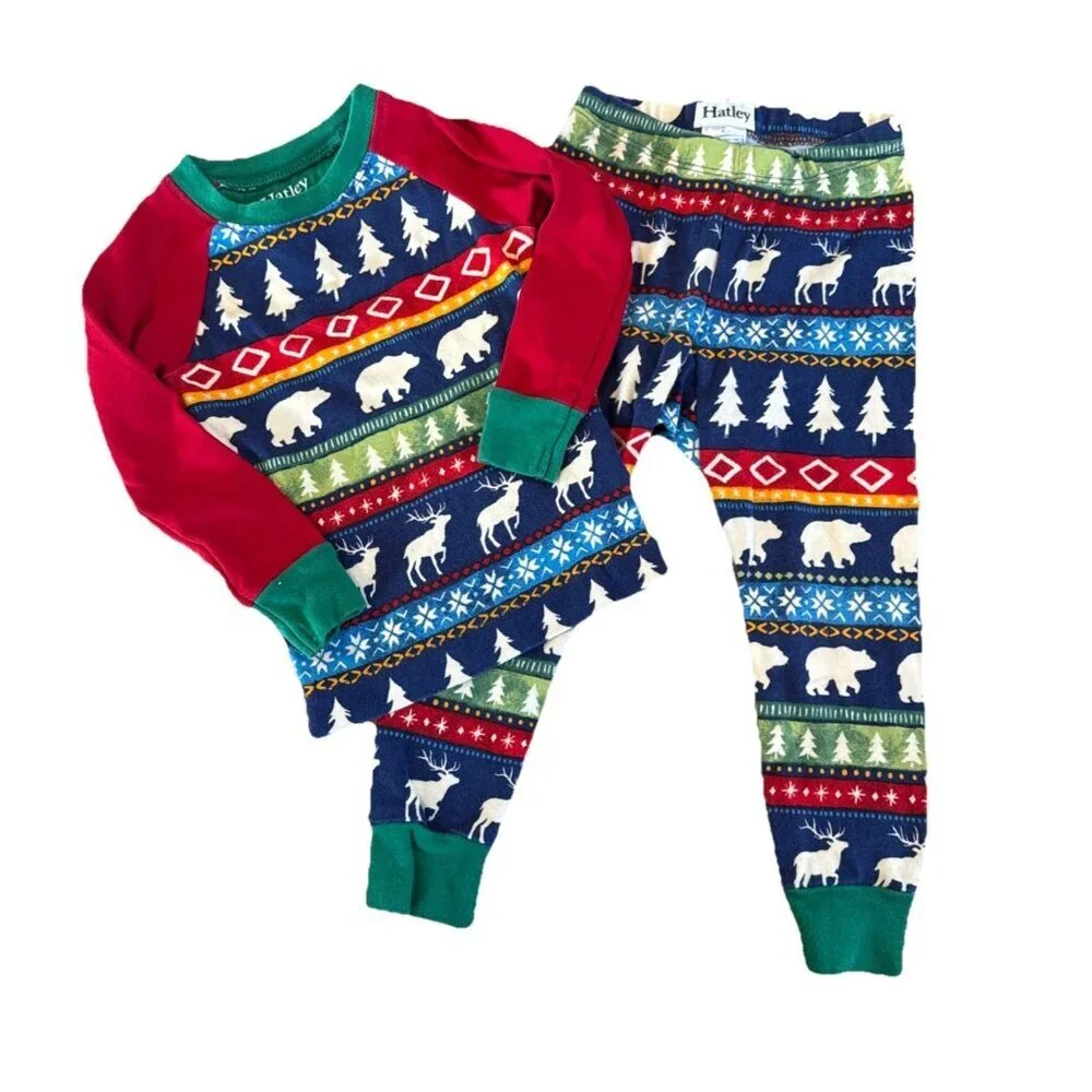 Hatley Sz 2T Christmas Tree Winter Holiday Pajama Set Organic Cotton Bears Elk